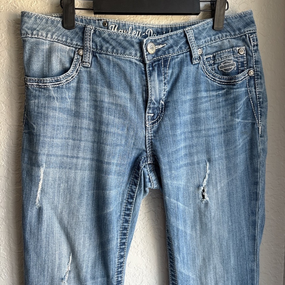 Harley Davidson Bootcut Womens 10 Jeans Y2K Blue Distressed Embellished Biker - Picture 3 of 11